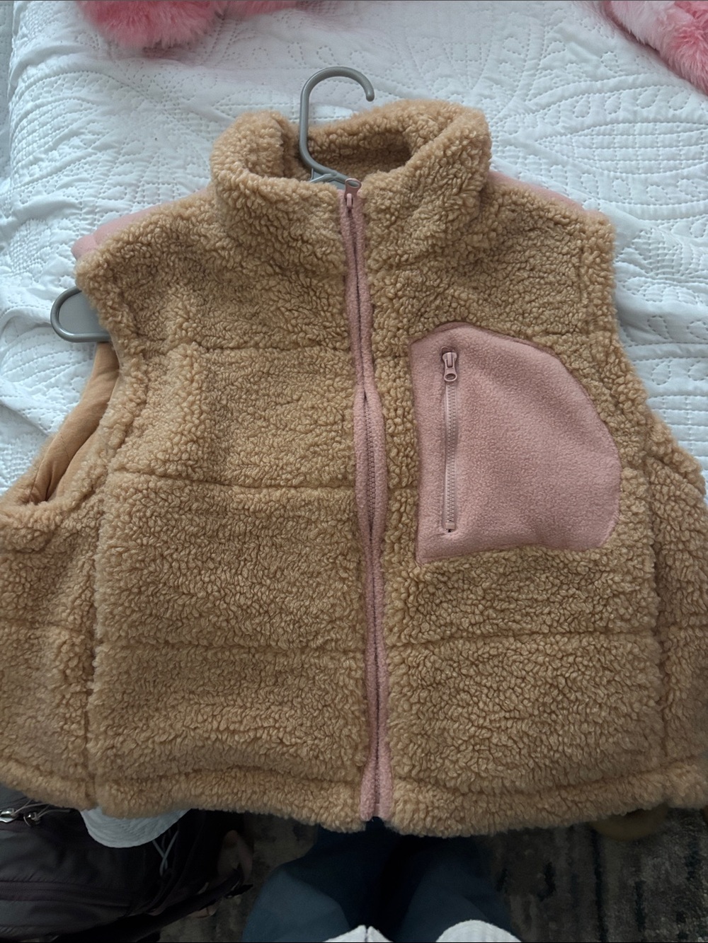 Altar'd State Taupe Sherpa Vest with Pink Accent Pocket